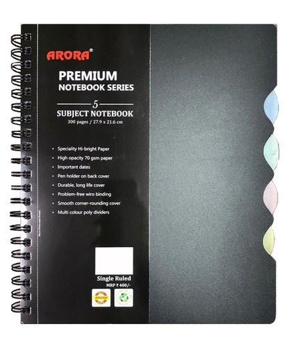 Executive Size 5 Subject Notebook - 28 x 21.6 cm, 300 Pages, 70 GSM | Durable Polycover, Rounded Corners, Wiro Binding, Micro-Perforated Sheets