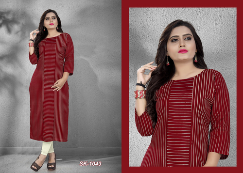 Rayon Kurti - Rayon (14 kg) , Sizes: M, L, XL, XXL, Length: 44 inches, Multicolor, Printed Pattern, 3/4 Sleeve, Washable, For Ladies