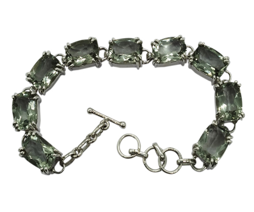 Green Amethyst Gemstone 925 Sterling Silver Bracelet - 34.9 Grams, Polished Finish, Free Size, Unisex Classic Design