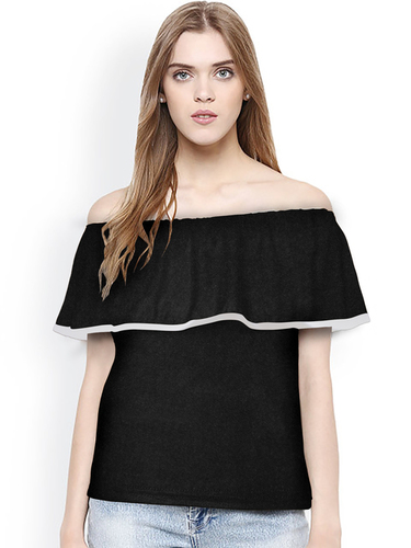 Designer Knitted Off Shoulder T-Shirt - 21-22" Length, Black Color | Ideal for Girls & Women, Beaded Decoration, Hand Washable