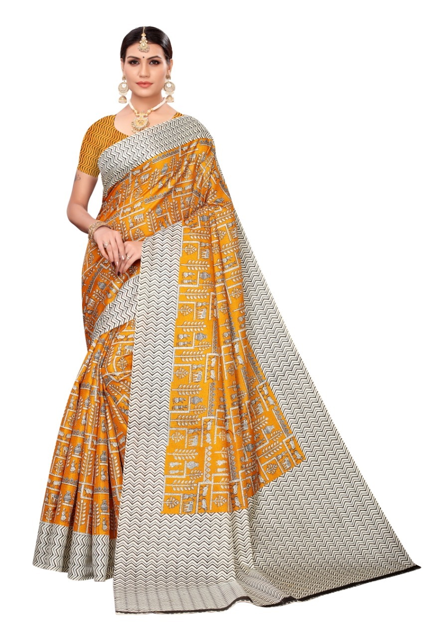 Kalamkari Mysore Printed Silk Saree - Khadi Silk Fabric, 6.30 Mtr Length, Attached Blouse Piece | Patch Work, Printed Pattern, Sequins Closure, Versatile For All Seasons