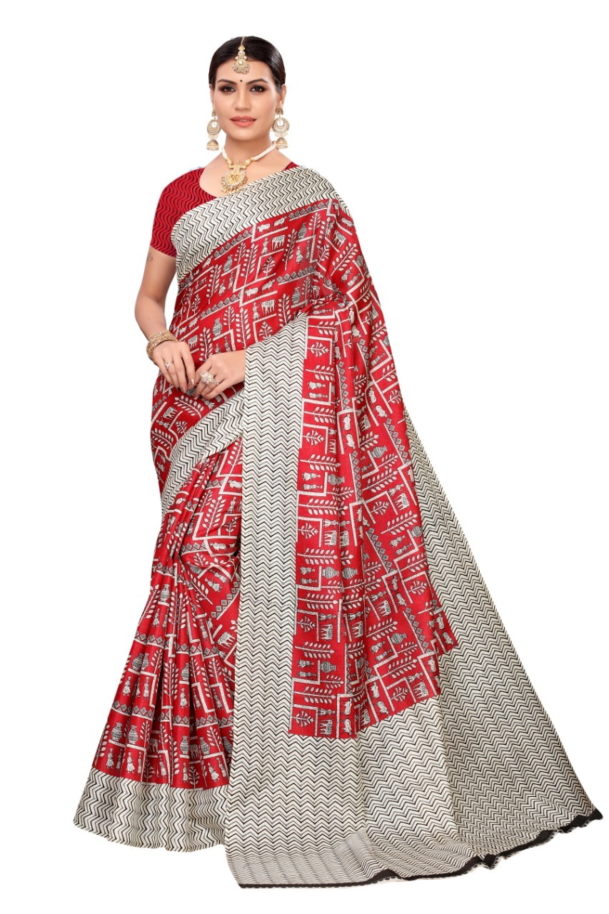 Kalamkari Mysore Printed Silk Saree - Khadi Silk Fabric, 6.30 Mtr Length, Attached Blouse Piece | Patch Work, Printed Pattern, Sequins Closure, Versatile For All Seasons