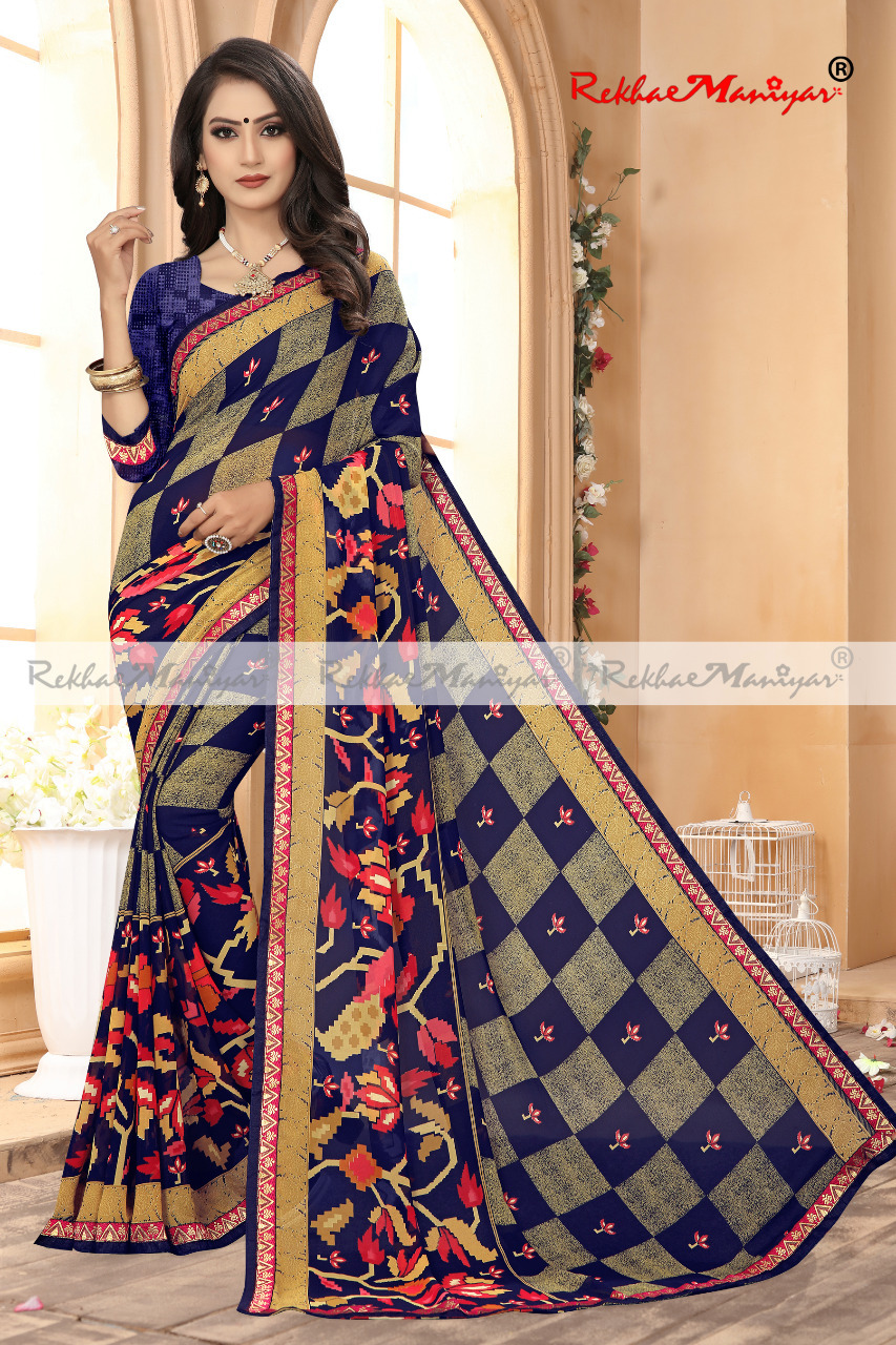 Weightless Georgette Geometrical Printed Sarees With Blouse - Georgette Material, Suitable For All Seasons | Elegant Indian Style Design