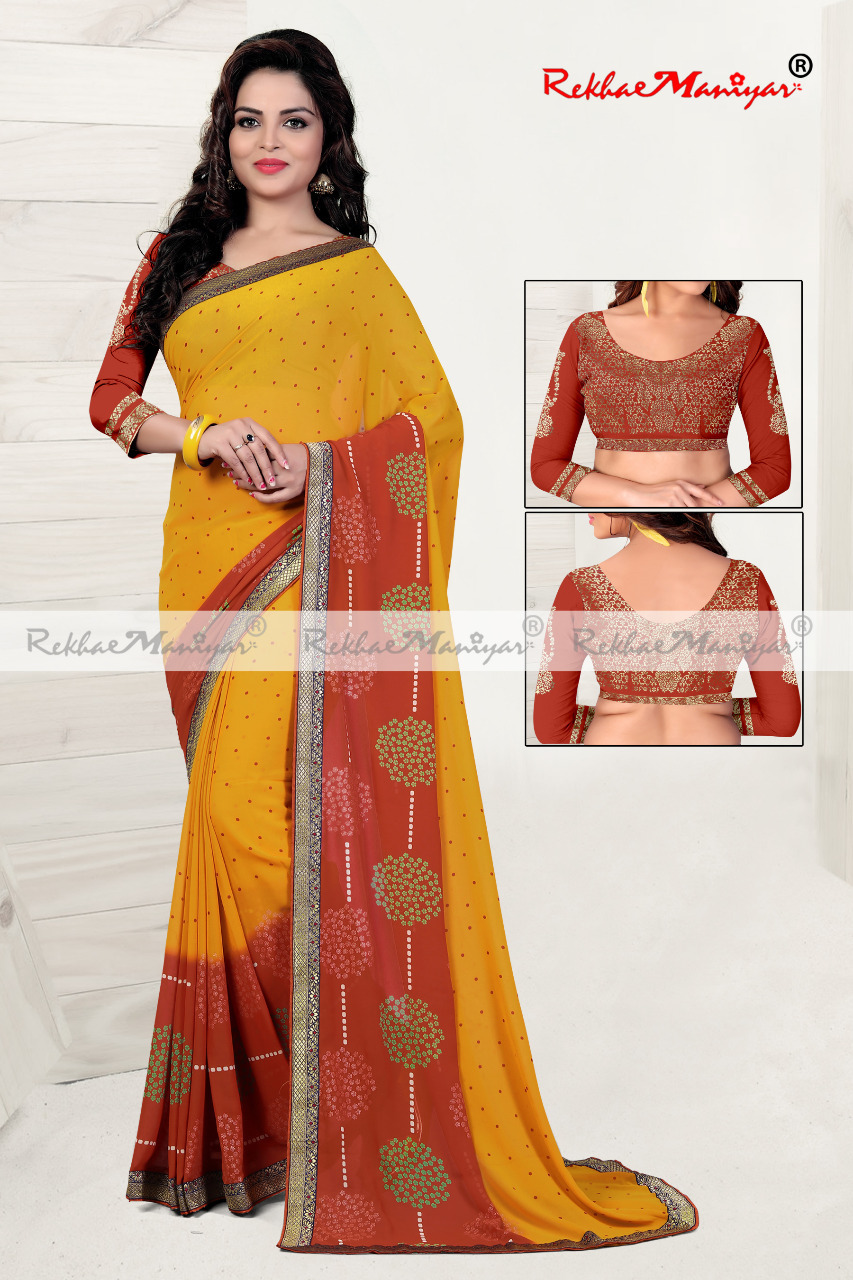 Faux Georgette Geometrical Printed Sarees With Blouse - Lightweight Georgette Fabric , Suitable For Rainy, Spring, Summer, And Winter Seasons