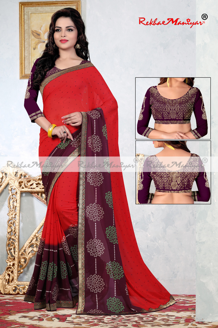 Faux Georgette Geometrical Printed Sarees With Blouse - Lightweight Georgette Fabric , Suitable For Rainy, Spring, Summer, And Winter Seasons