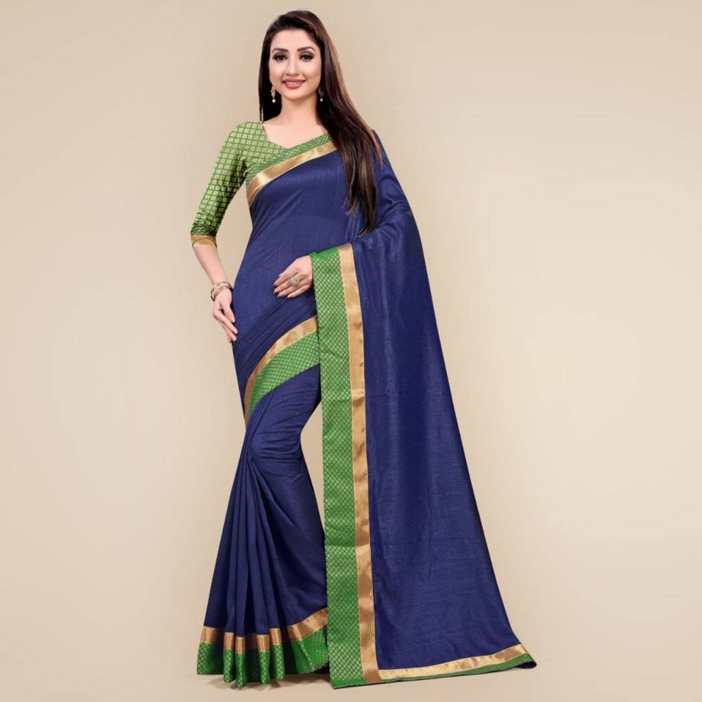 Two Tone Vichitra Silk Jacquard Border Sarees With Blouse - Georgette Fabric, Plain Pattern, Suitable For All Seasons | Festival Special Design