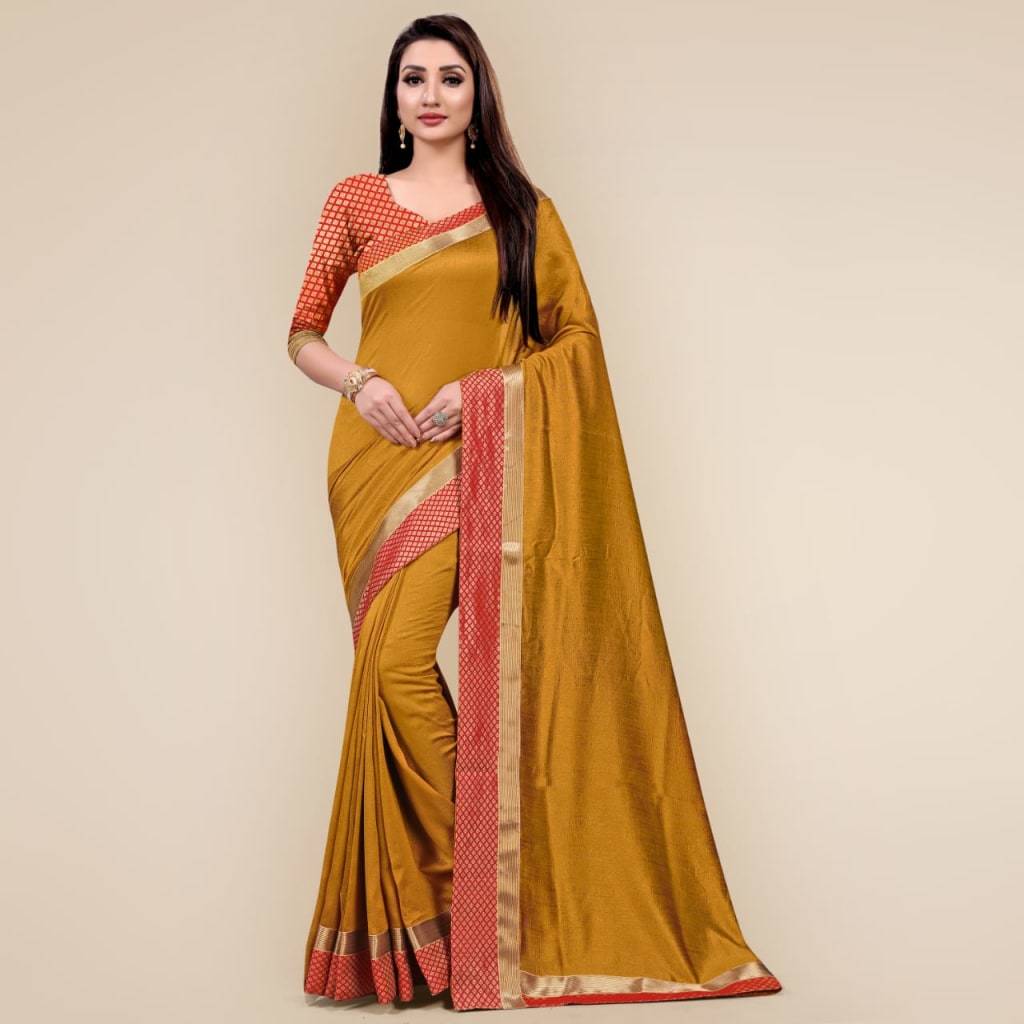 Two Tone Vichitra Silk Jacquard Border Sarees With Blouse - Georgette Fabric, Plain Pattern, Suitable For All Seasons | Festival Special Design
