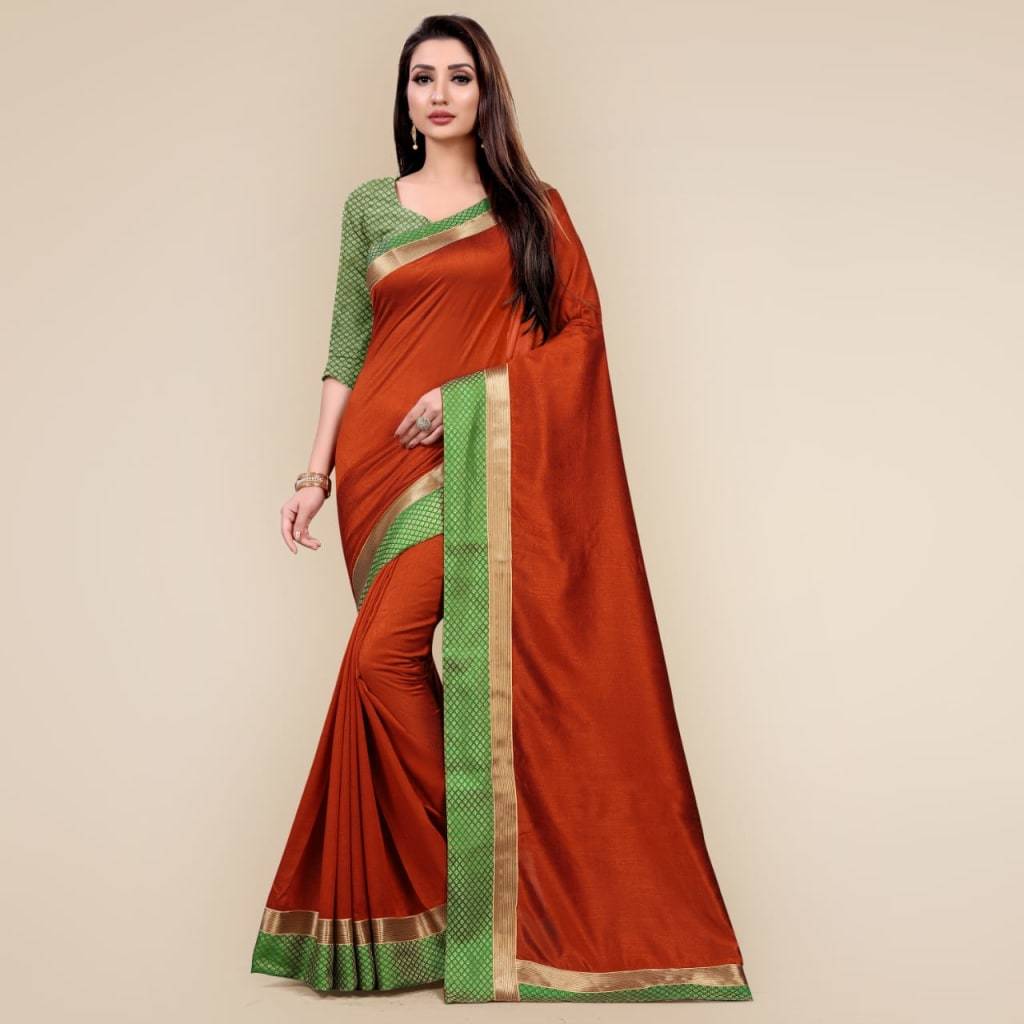 Two Tone Vichitra Silk Jacquard Border Sarees With Blouse - Georgette Fabric, Plain Pattern, Suitable For All Seasons | Festival Special Design