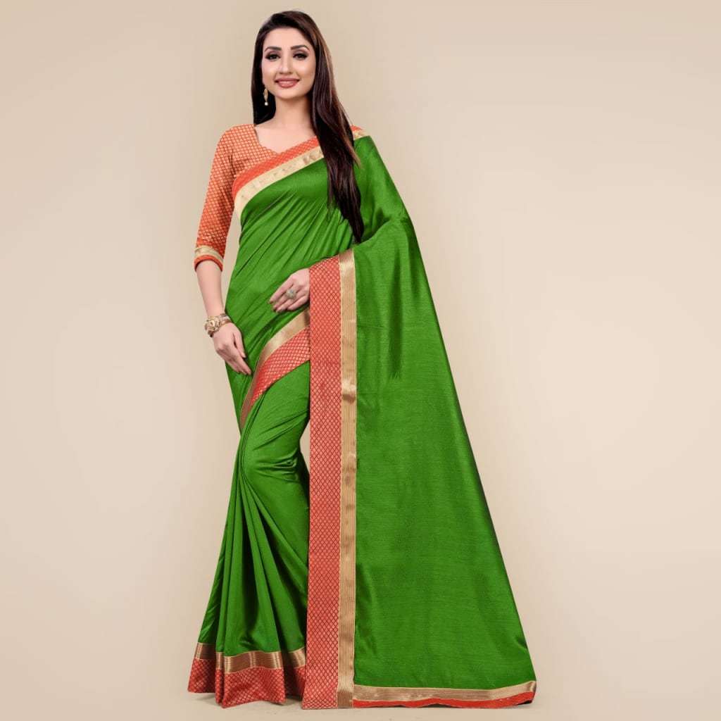 Two Tone Vichitra Silk Jacquard Border Sarees With Blouse - Georgette Fabric, Plain Pattern, Suitable For All Seasons | Festival Special Design