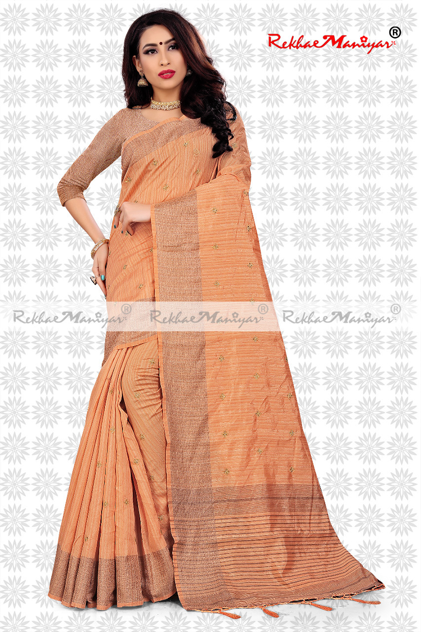 Two Tone Vichitra Silk Stone Work Jacquard Bordered Saree With Blouse - Georgette Fabric, Silver Silk Color | Hand Embroidery, Suitable For All Seasons