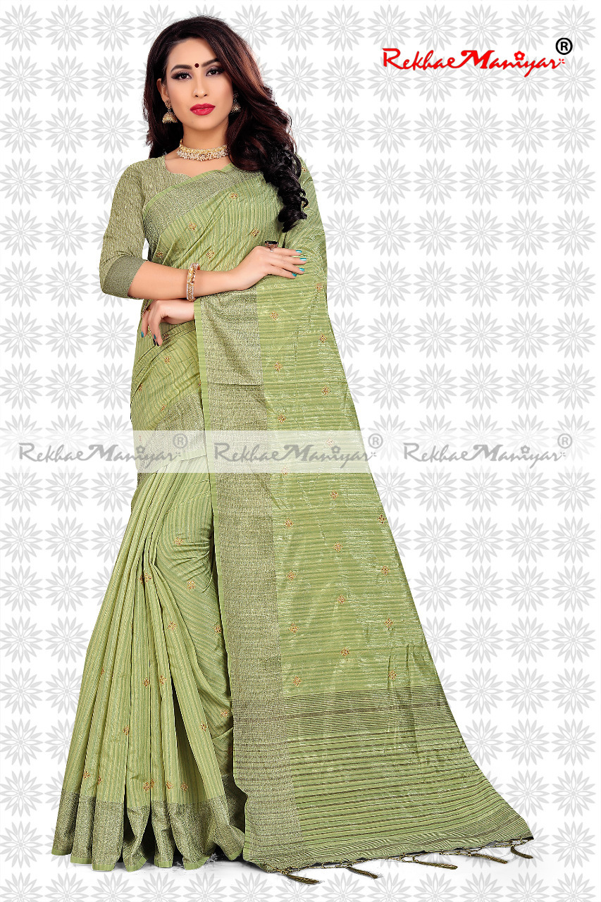 Two Tone Vichitra Silk Stone Work Jacquard Bordered Saree With Blouse - Georgette Fabric, Silver Silk Color | Hand Embroidery, Suitable For All Seasons