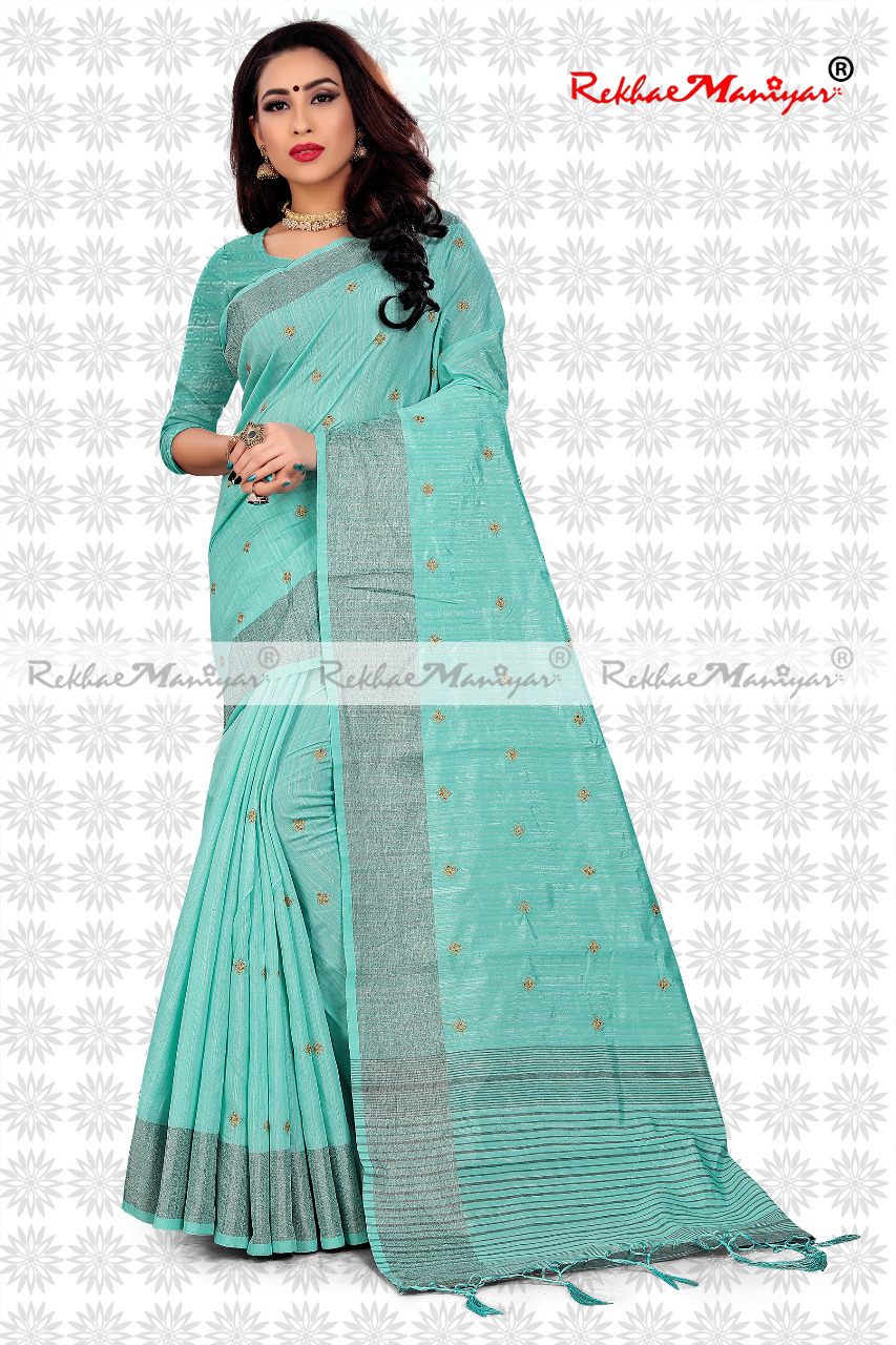 Two Tone Vichitra Silk Stone Work Jacquard Bordered Saree With Blouse - Georgette Fabric, Silver Silk Color | Hand Embroidery, Suitable For All Seasons