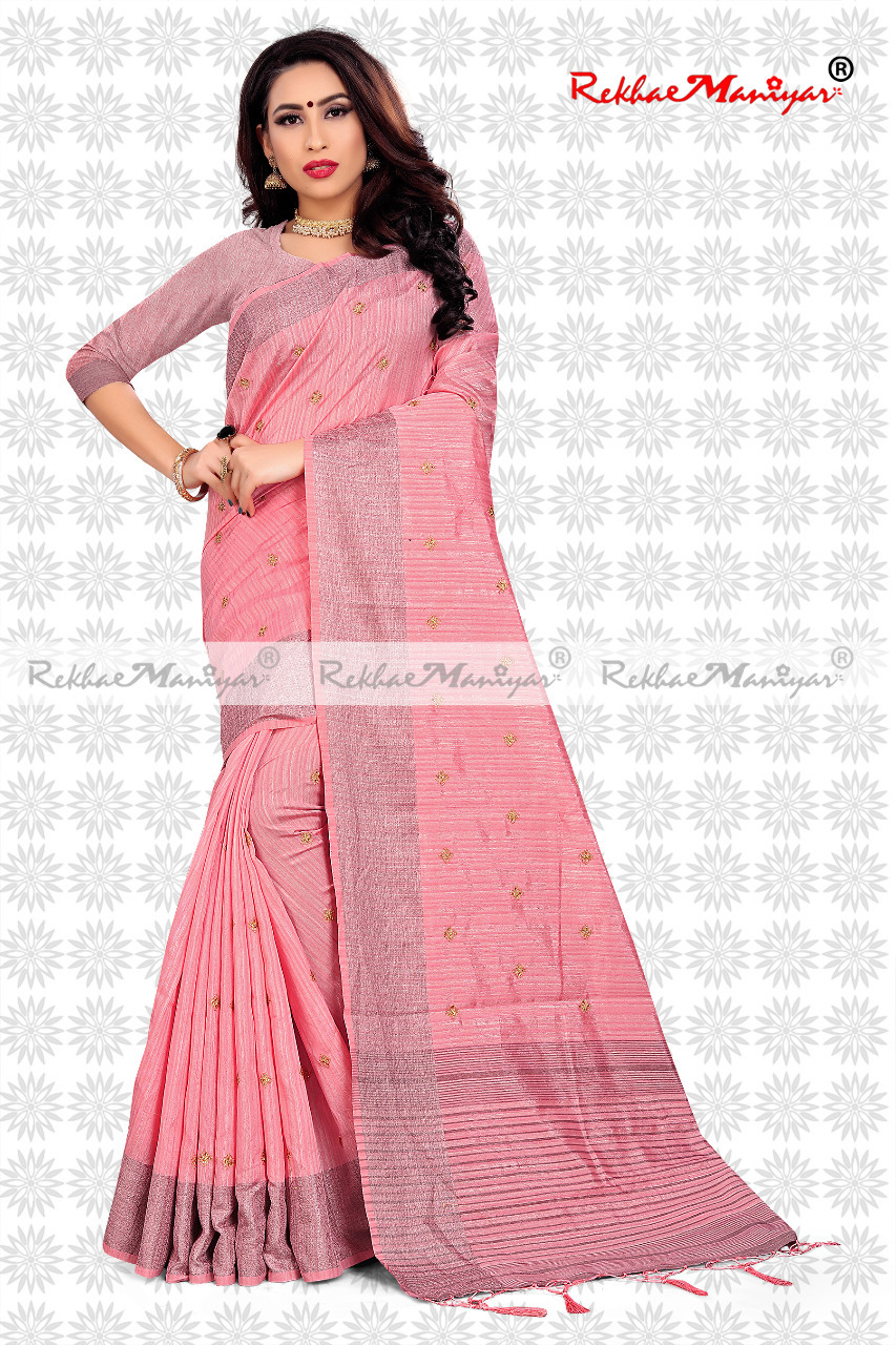 Two Tone Vichitra Silk Stone Work Jacquard Bordered Saree With Blouse - Georgette Fabric, Silver Silk Color | Hand Embroidery, Suitable For All Seasons