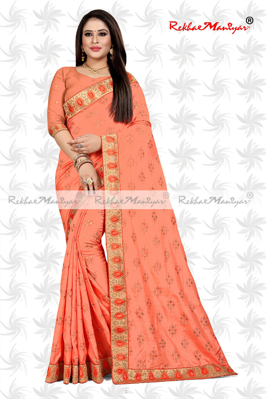 Dola Silk Diamond Butta Work Embroidery Bordered Saree With Blouse - Georgette Material, Seasonal Versatility For All Weather | Bollywood Style With Elegant Stone Work