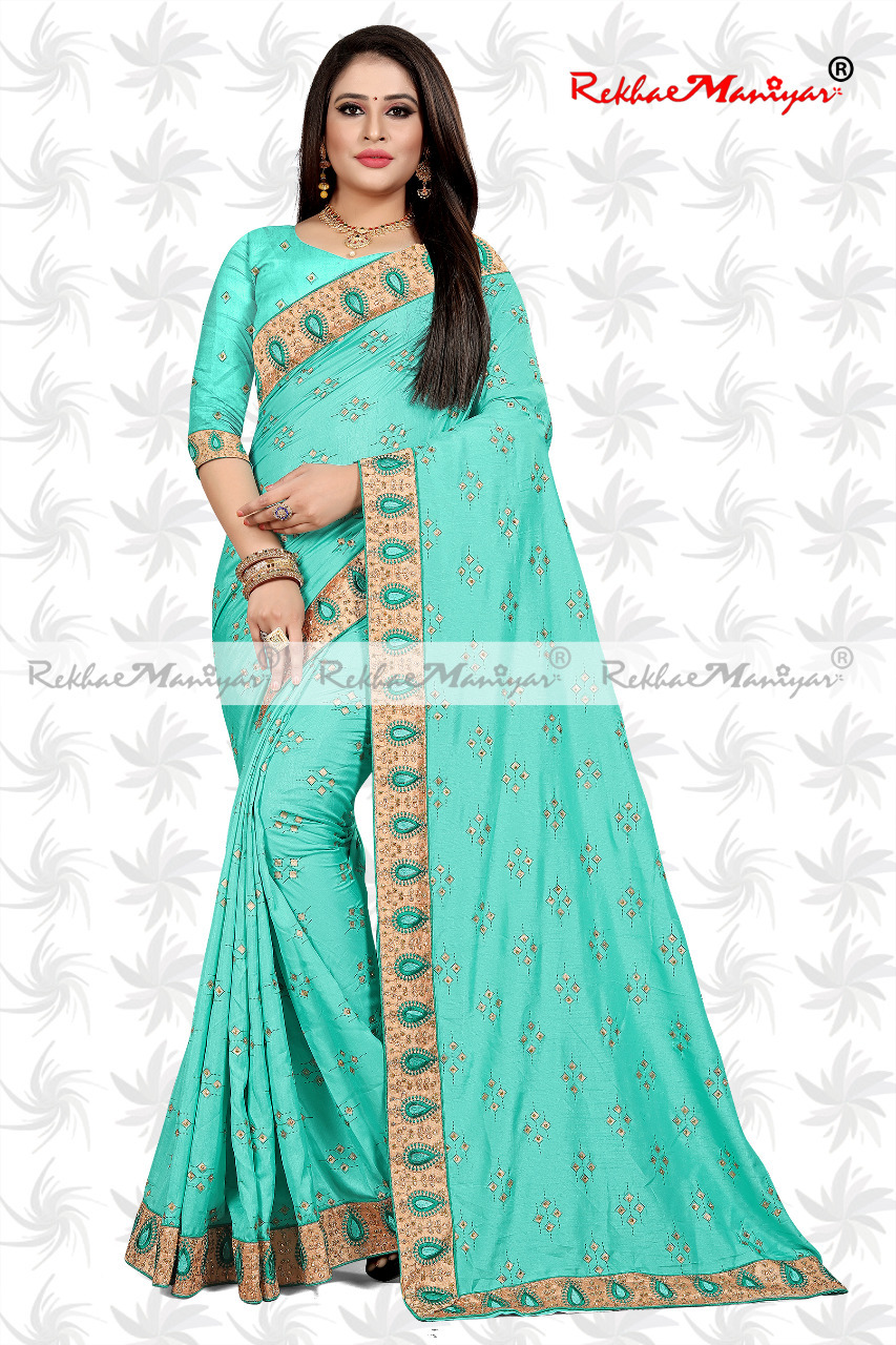 Dola Silk Diamond Butta Work Embroidery Bordered Saree With Blouse - Georgette Material, Seasonal Versatility For All Weather | Bollywood Style With Elegant Stone Work