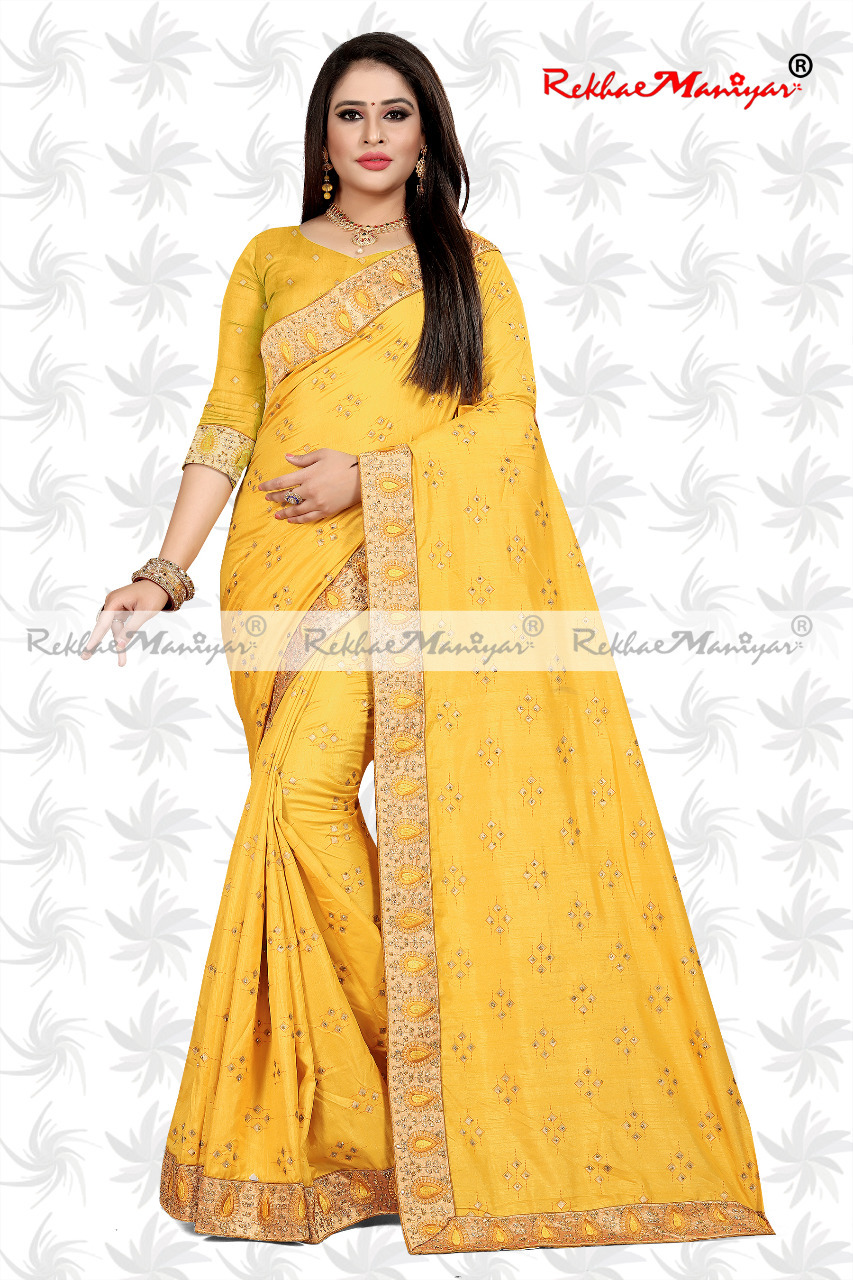 Dola Silk Diamond Butta Work Embroidery Bordered Saree With Blouse - Georgette Material, Seasonal Versatility For All Weather | Bollywood Style With Elegant Stone Work