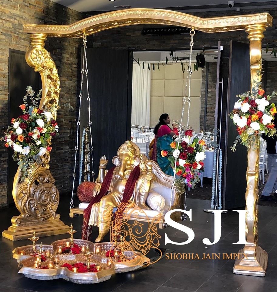 Golden And Red Sitting Ganesh Ji Statue