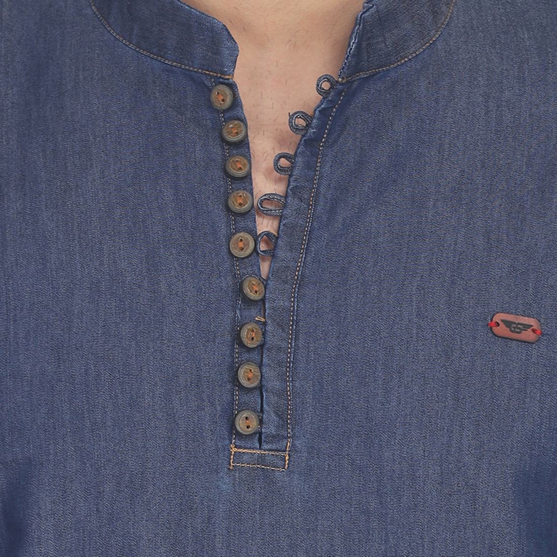 Men Kurtas - Denim, Long Sleeve, Henley Neck, Blue | Anti-wrinkle, Breathable, No Fade, Non-toxic, Washable