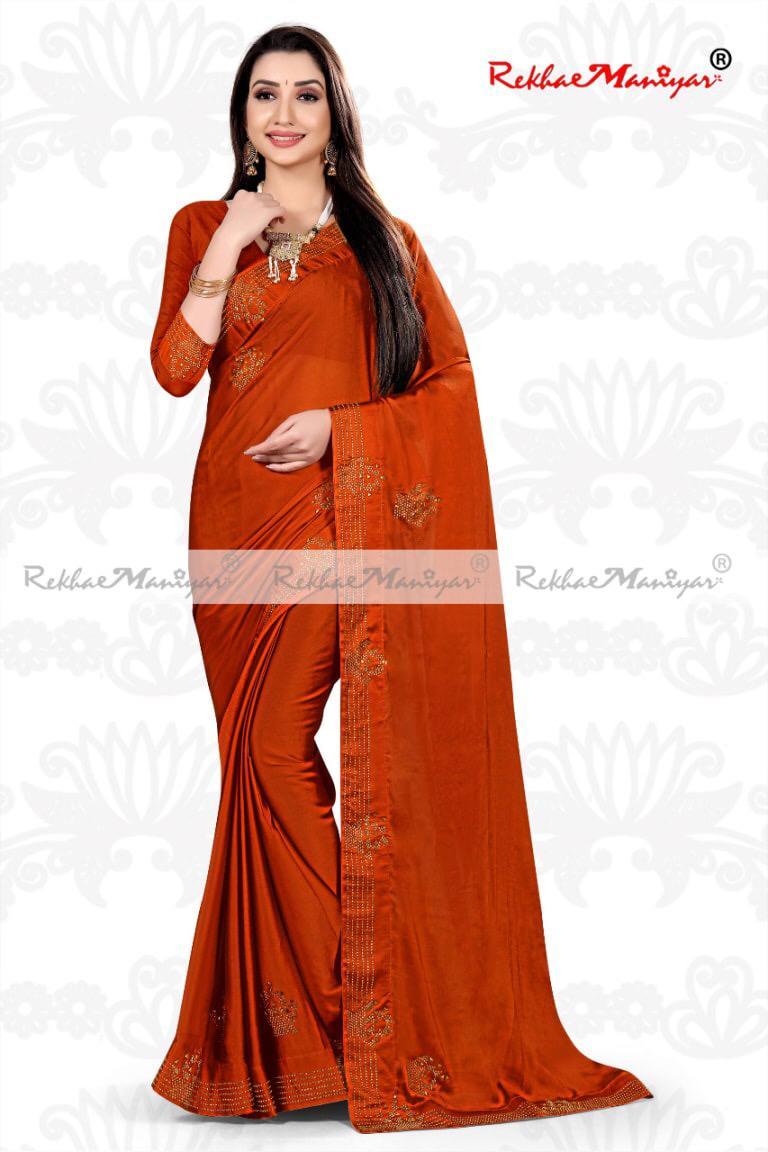 Rangoli Silk Diamond Work Border Saree With Blouse - Georgette Material, Bollywood Style | Suitable For Rainy, Spring, Summer, Winter Seasons, Stone Work Detailing