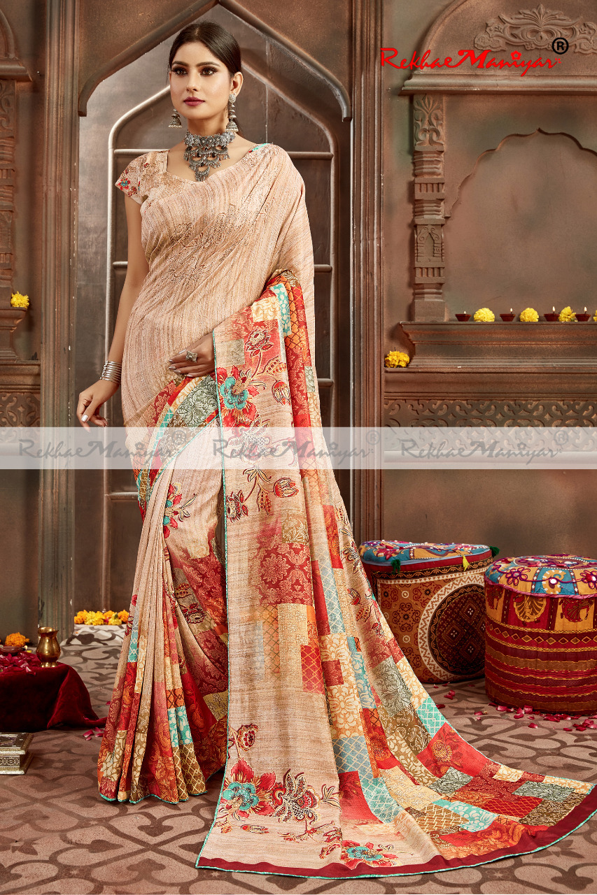 Art Silk Digital Print Swarovski Diamond Work Saree With Blouse - Material: Georgette, Seasons: Rainy, Spring, Summer, Winter | Enhancing Traditional Elegance
