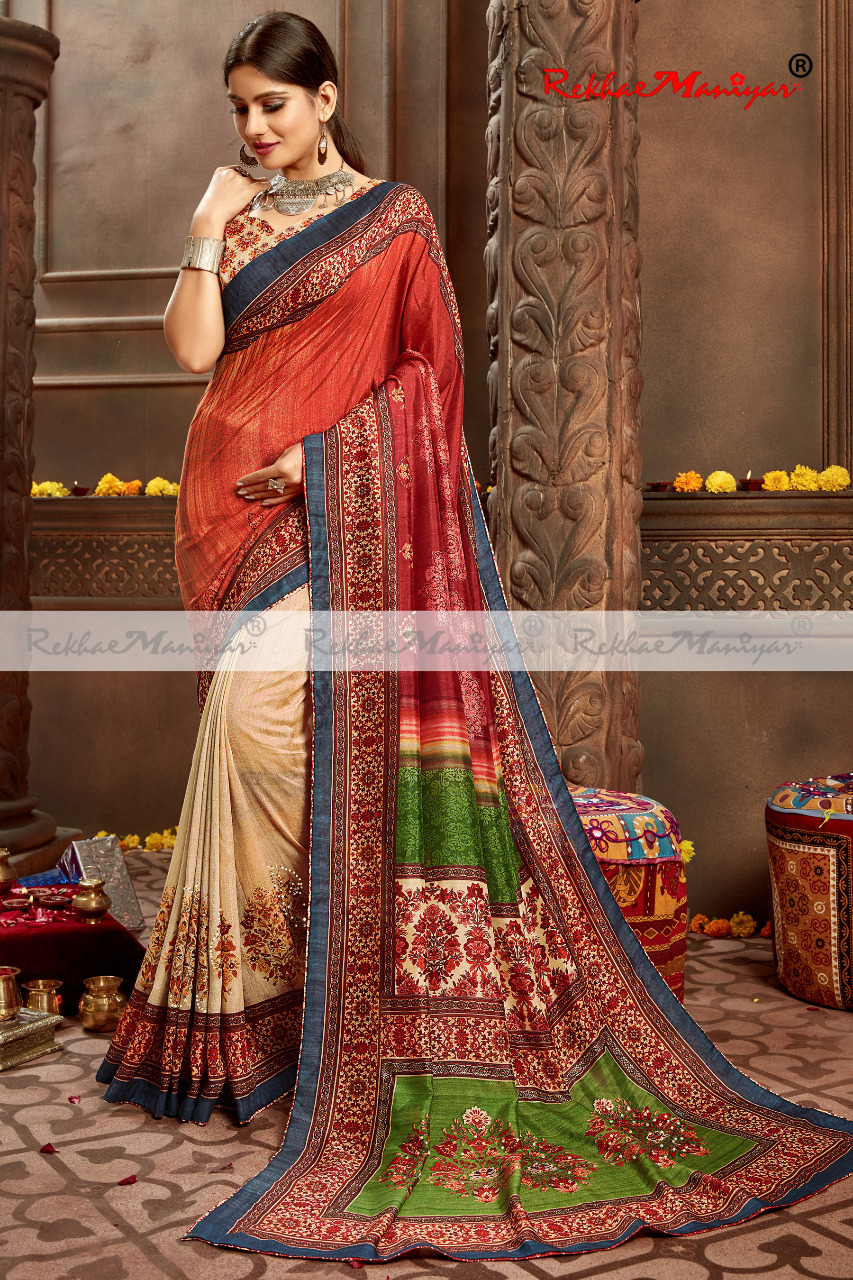 Art Silk Digital Print Swarovski Diamond Work Saree With Blouse - Material: Georgette, Seasons: Rainy, Spring, Summer, Winter | Enhancing Traditional Elegance