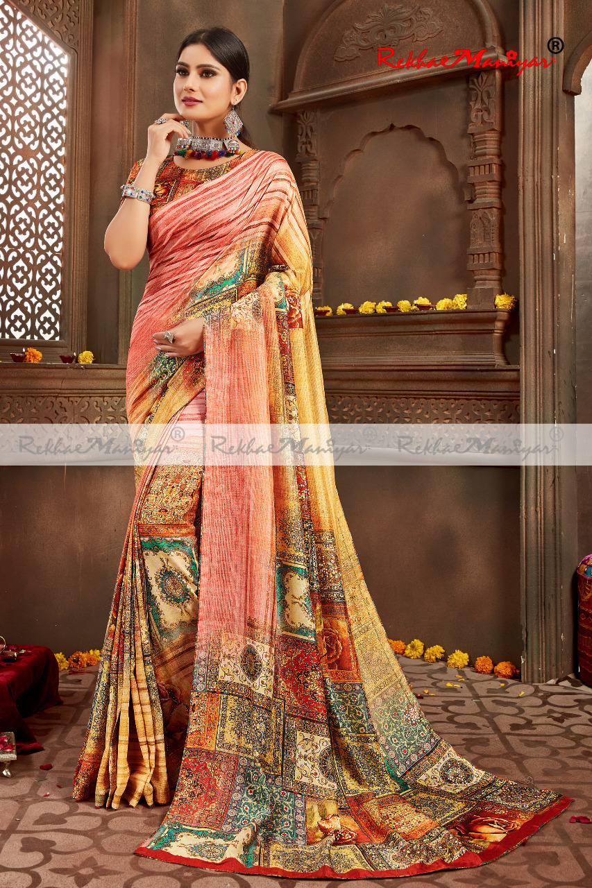 Art Silk Digital Print Swarovski Diamond Work Saree With Blouse - Material: Georgette, Seasons: Rainy, Spring, Summer, Winter | Enhancing Traditional Elegance