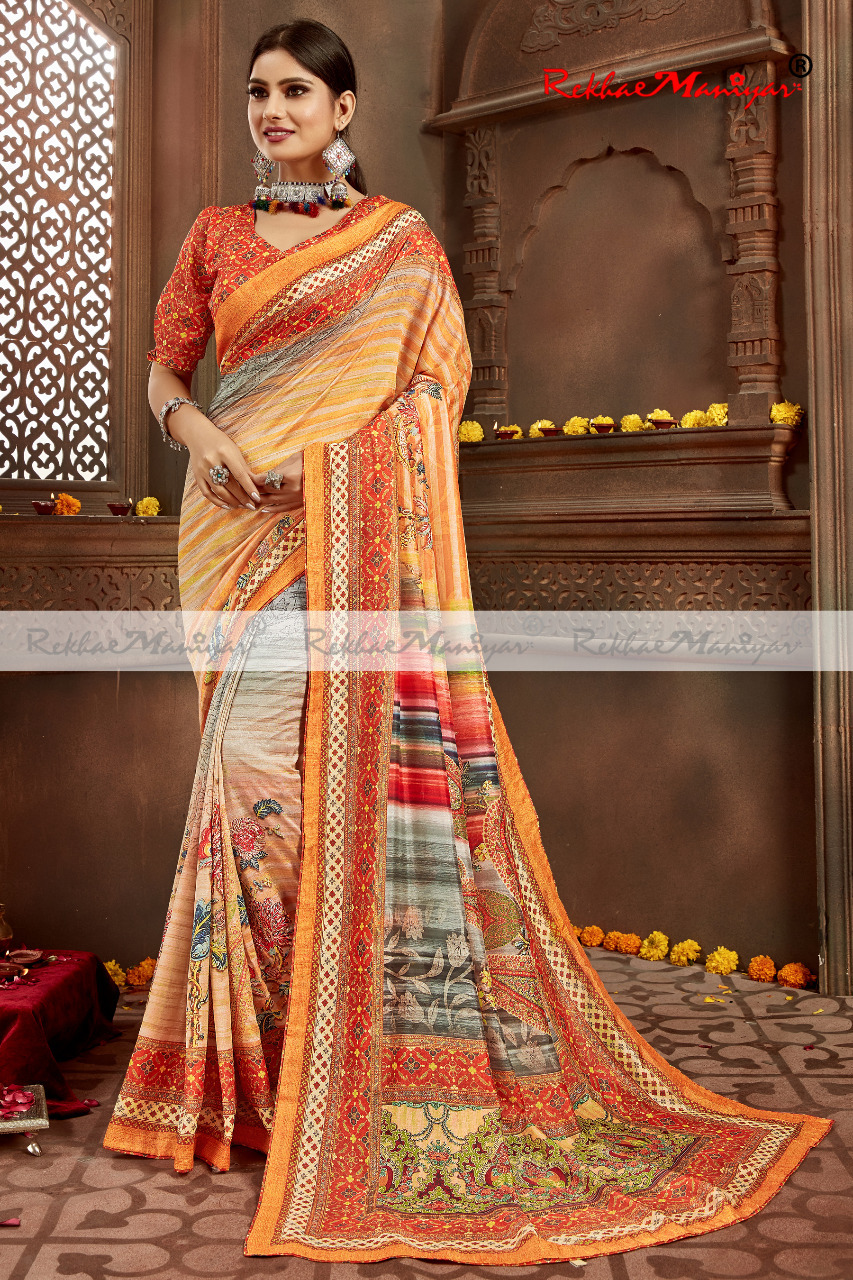 Art Silk Digital Print Swarovski Diamond Work Saree With Blouse - Material: Georgette, Seasons: Rainy, Spring, Summer, Winter | Enhancing Traditional Elegance