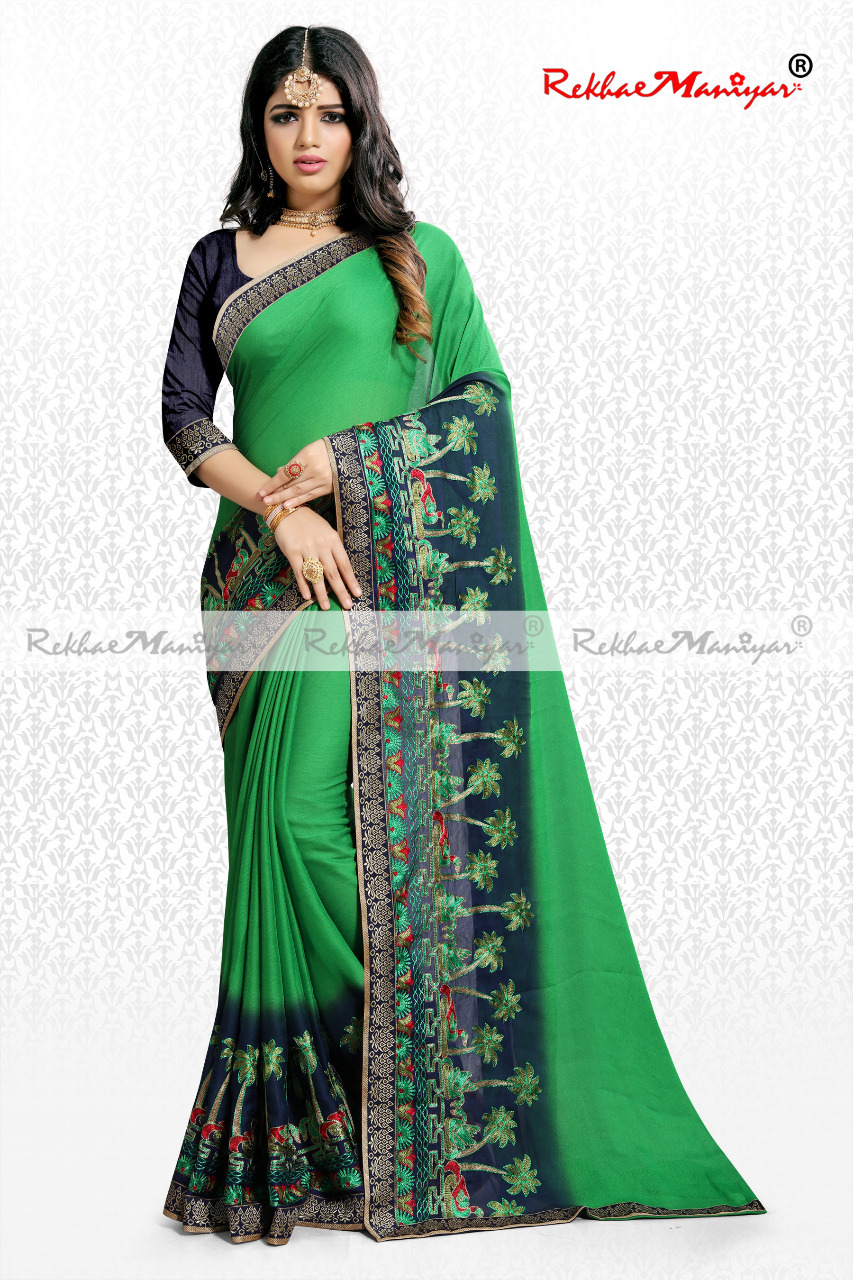 Moss Chiffon Neavy Blues Panel Embroidery Work With Blouse - Georgette, Printed Design With Wide Borders , Colorfast & Shrink Proof Fabric Quality