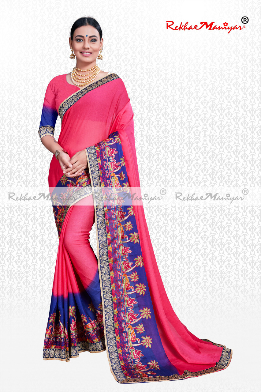 Moss Chiffon Neavy Blues Panel Embroidery Work With Blouse - Georgette, Printed Design With Wide Borders , Colorfast & Shrink Proof Fabric Quality