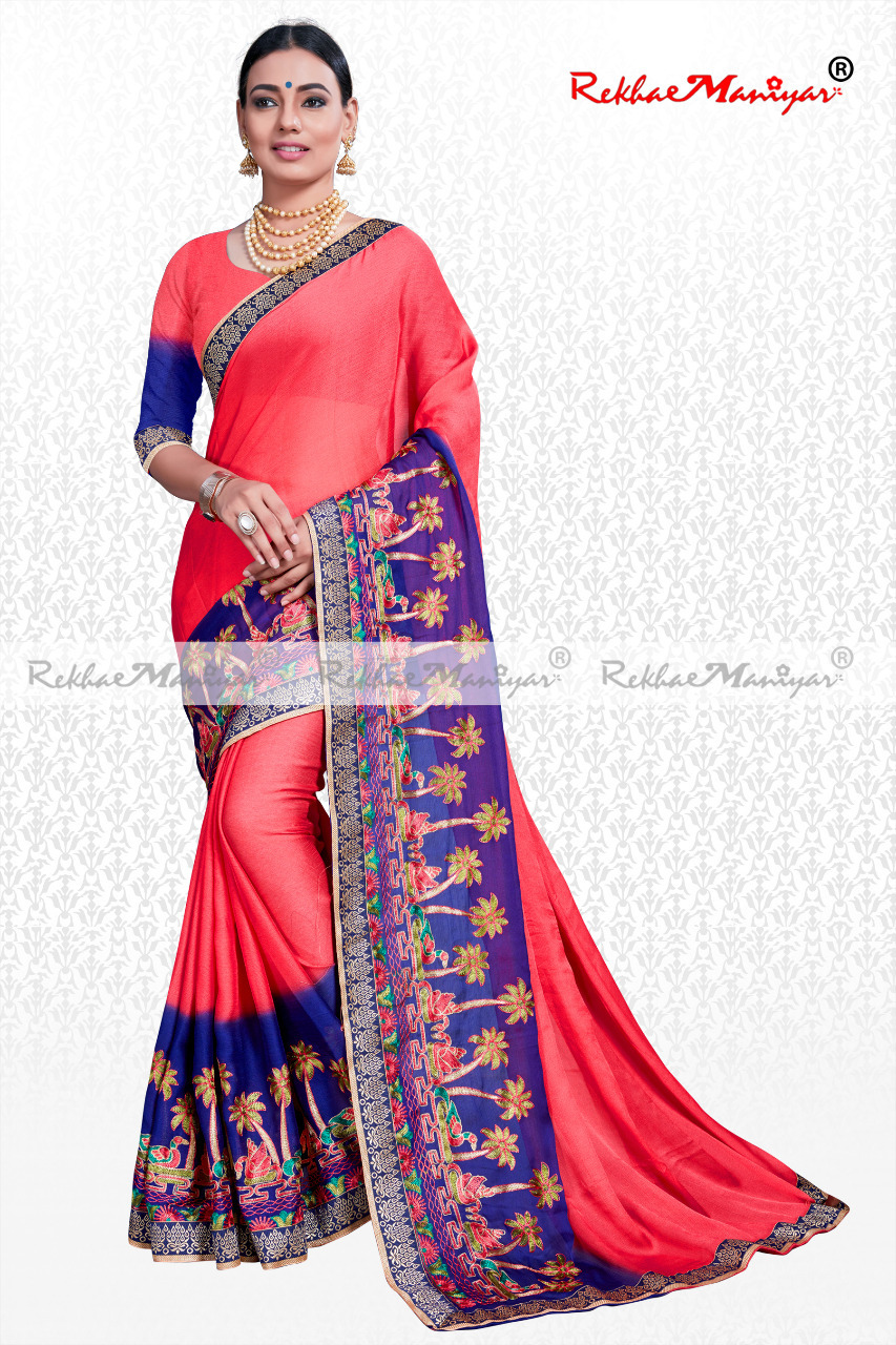 Moss Chiffon Neavy Blues Panel Embroidery Work With Blouse - Georgette, Printed Design With Wide Borders , Colorfast & Shrink Proof Fabric Quality