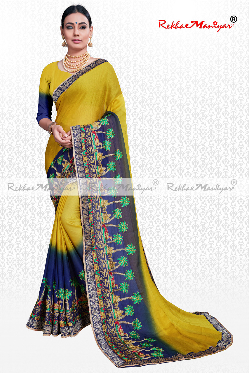 Moss Chiffon Neavy Blues Panel Embroidery Work With Blouse - Georgette, Printed Design With Wide Borders , Colorfast & Shrink Proof Fabric Quality