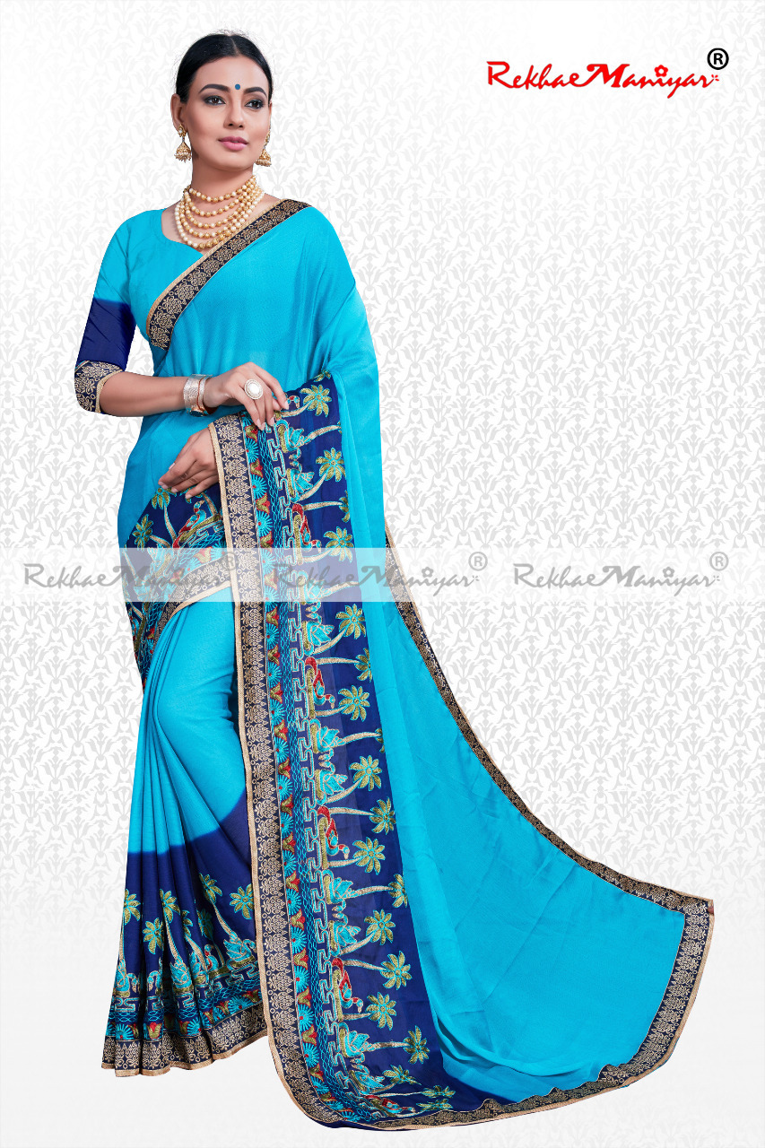 Moss Chiffon Neavy Blues Panel Embroidery Work With Blouse - Georgette, Printed Design With Wide Borders , Colorfast & Shrink Proof Fabric Quality