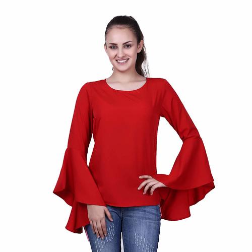 Women Bell Sleeves Top - 100% Pure Crepe, Regular Fit, Bust Size 32-44, Length 24-27 Inches, Any Solid Color, Full Sleeves | Breathable, No Fade, Washable