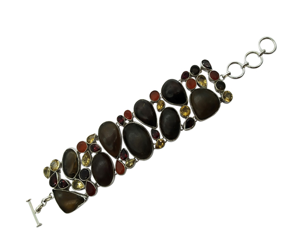 Delicate Multi Gemstone 925 Sterling Silver Bracelet - 51.7 Gms, Brown Chalcedony, Citrine, Red Onyx, Garnet, Modern Fashion Style, Unisex Gift, Perfect For Parties