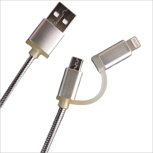 Steel Braided Dual USB Cable - Steel Material, 1 Meter Length, Silver Color | Shock Resistant, Tangle Proof, Flexible Design, Durable Quality