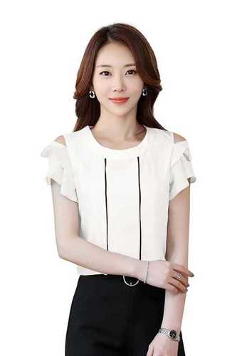 Ladies Top - American Crepe, 23 Inch Length, Color: White | Short Sleeves, Printed Pattern, Ethnic Style, Size: M, XL, Suitable for Ages 15 to 45