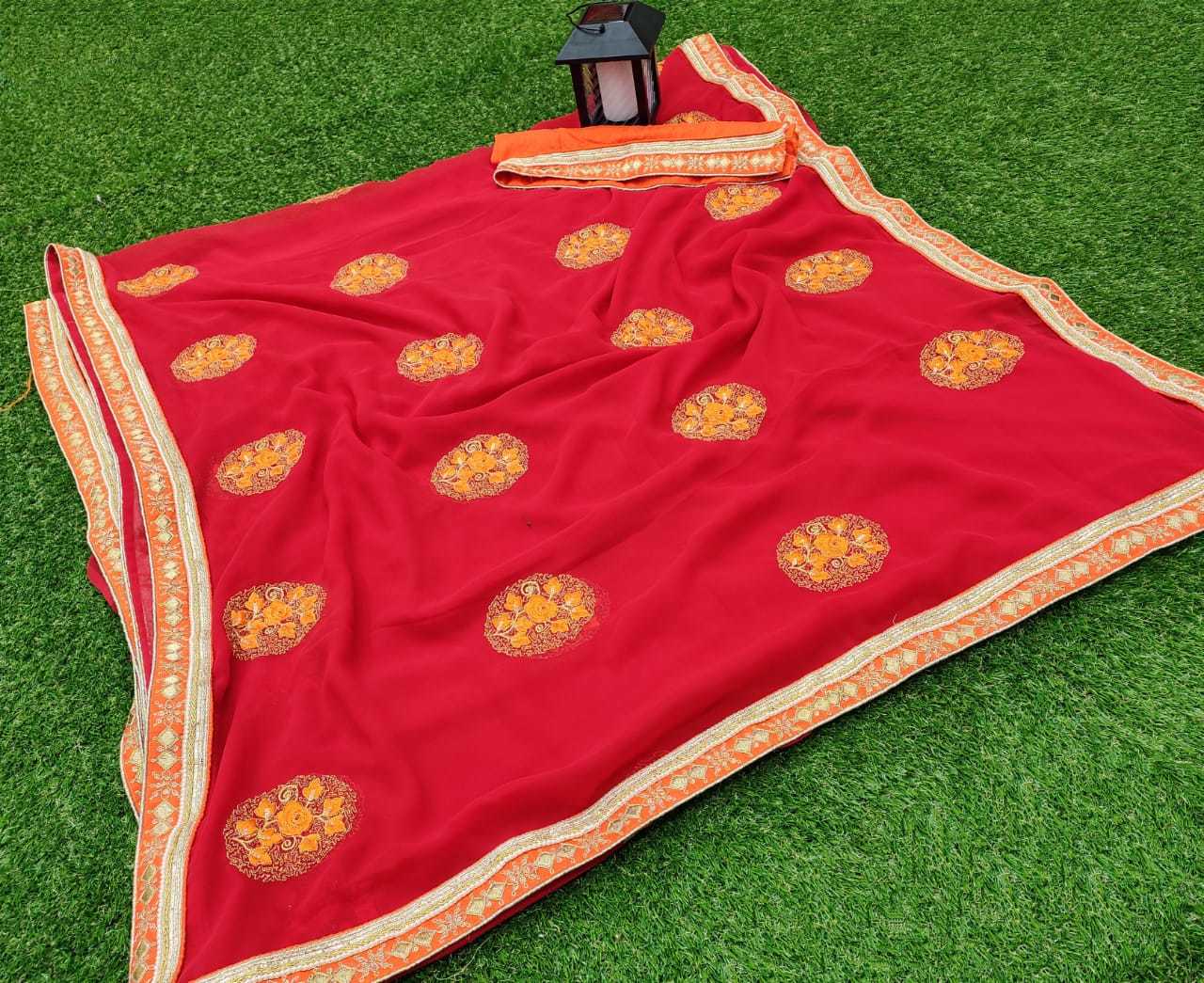 Blooming Saree - Silk Fabric, Floral Embroidery With Heavy Lace And Hand Moti Border, Bollywood Style Blouse Included