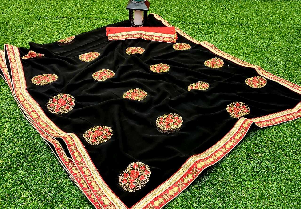 Blooming Saree - Silk Fabric, Floral Embroidery With Heavy Lace And Hand Moti Border, Bollywood Style Blouse Included