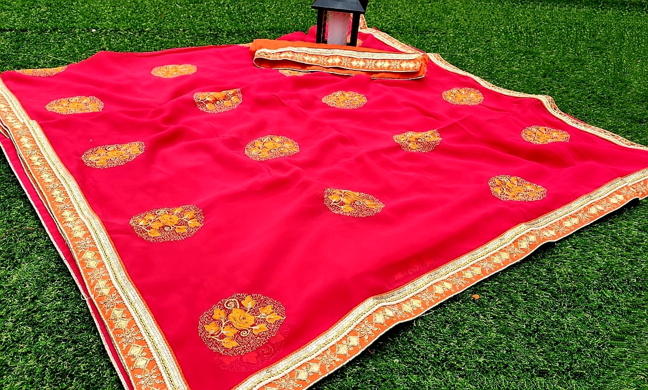 Blooming Saree - Silk Fabric, Floral Embroidery With Heavy Lace And Hand Moti Border, Bollywood Style Blouse Included
