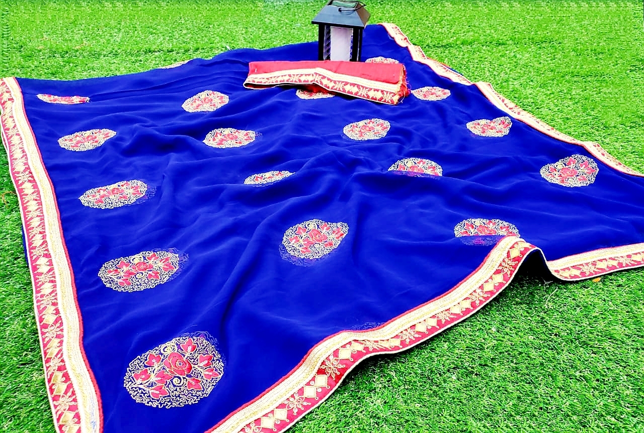 Blooming Saree - Silk Fabric, Floral Embroidery With Heavy Lace And Hand Moti Border, Bollywood Style Blouse Included