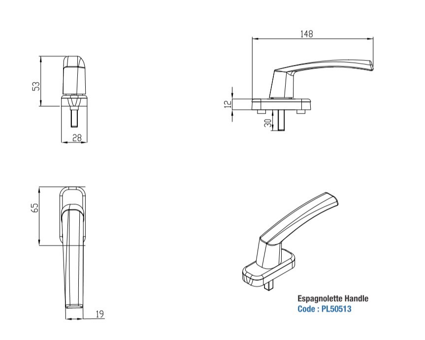 Black / White Powder Coated Multipoint Locking Handle For Casement Window Without Key