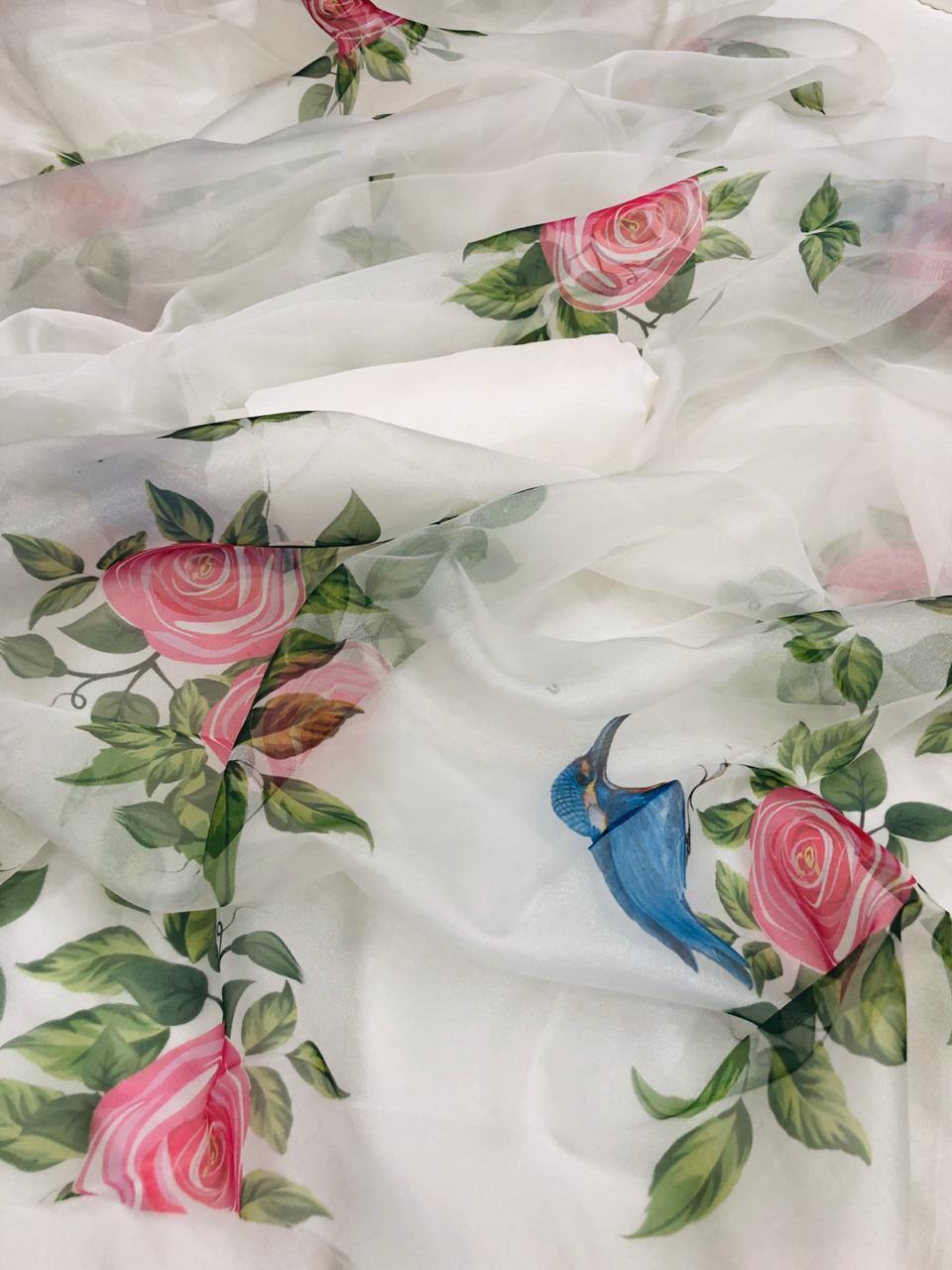Organza Silk Digital Printed Saree - 5.5 Meters With Plain Banglori Silk Blouse, Breathable And Washable For All Season