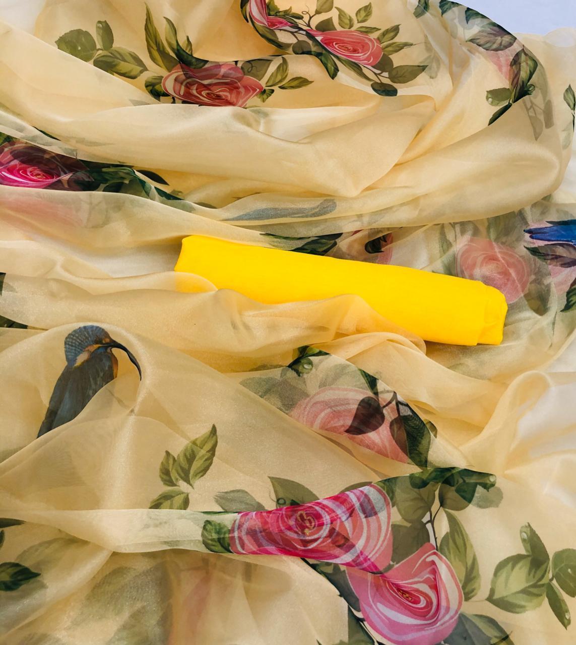 Organza Silk Digital Printed Saree - 5.5 Meters With Plain Banglori Silk Blouse, Breathable And Washable For All Season