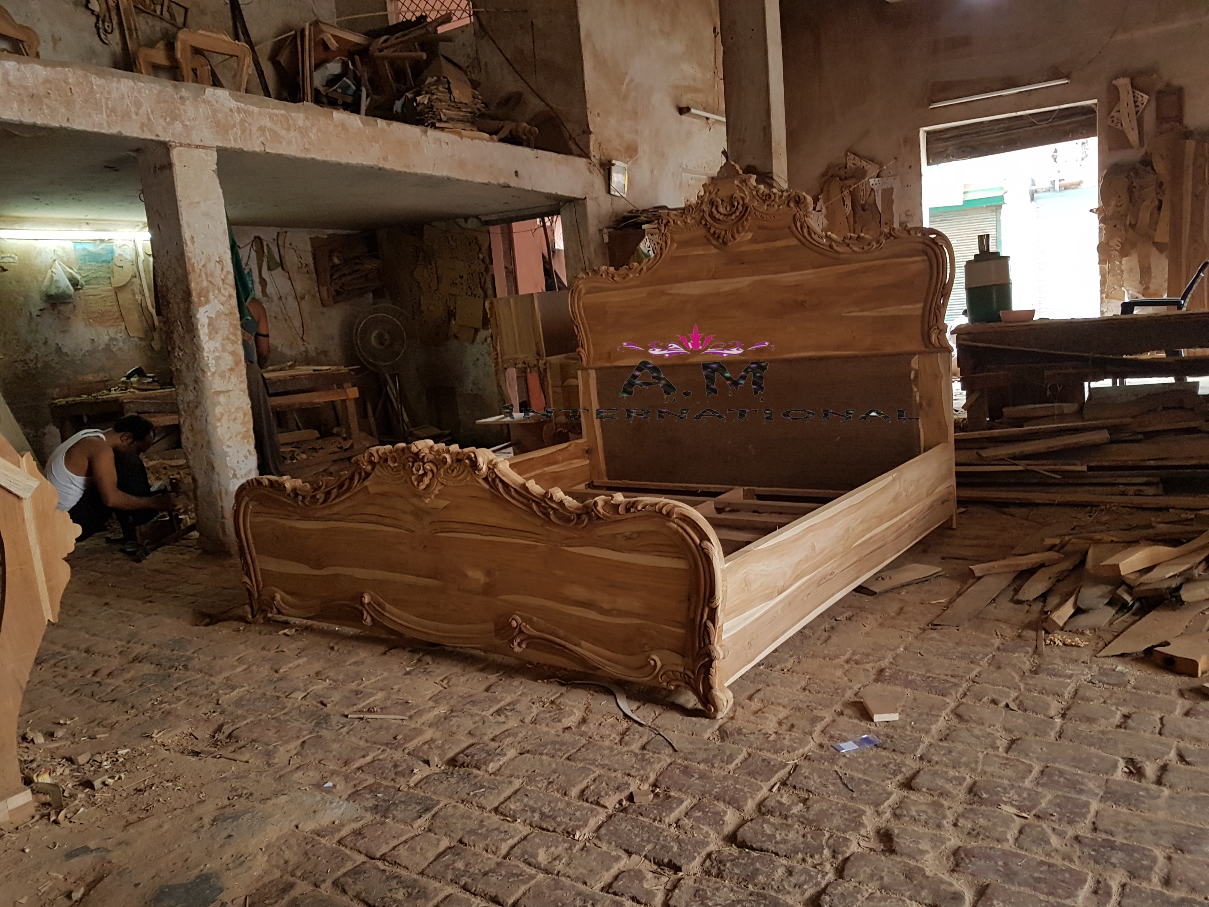 Handmade Wooden Bed - Solid Teak Wood, Customizable Finish & Upholstery | Eco-friendly, Antique Design, Indoor Furniture, Carpenter Assembly