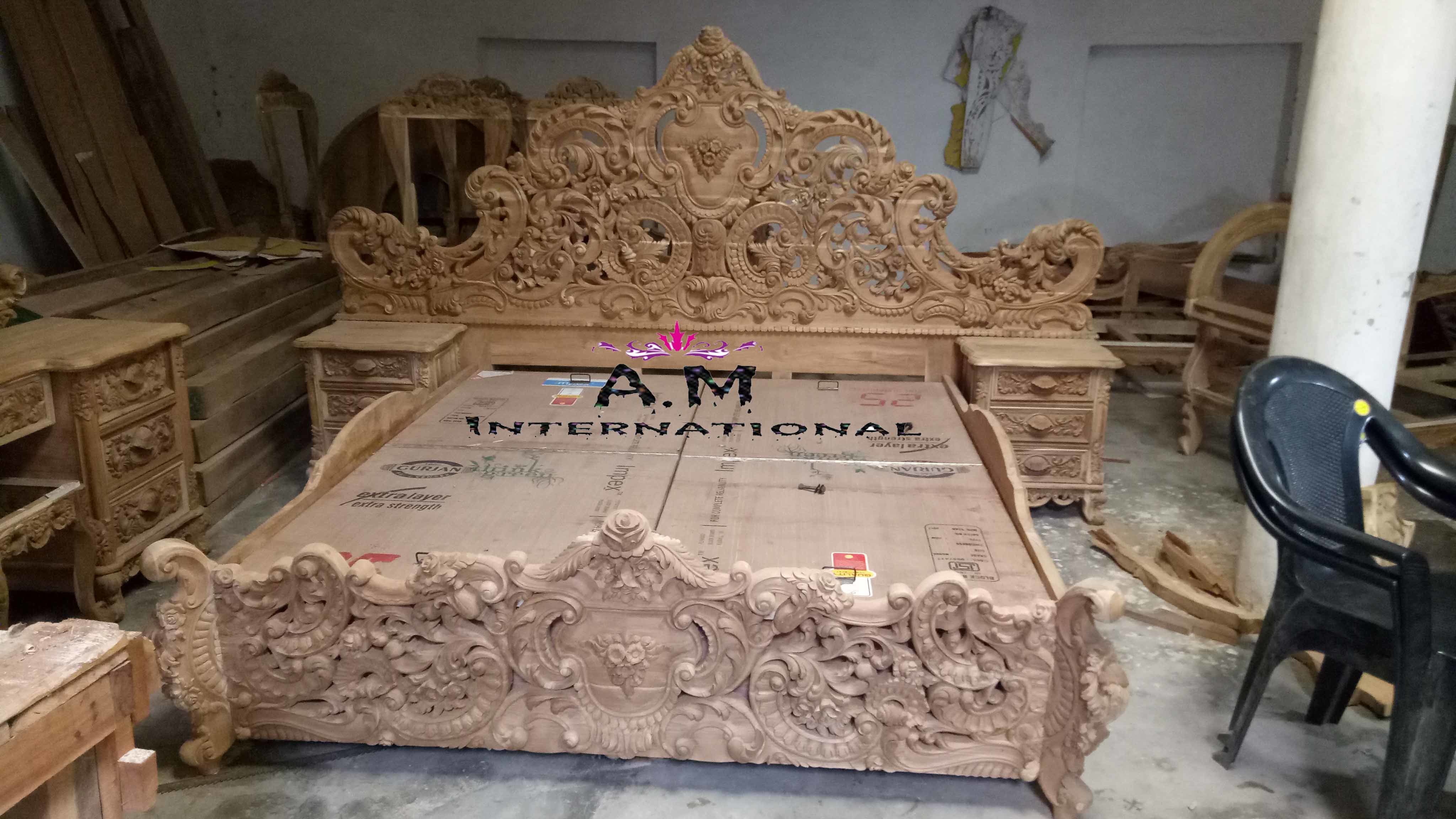 Handmade Antique Gold Wooden Bed