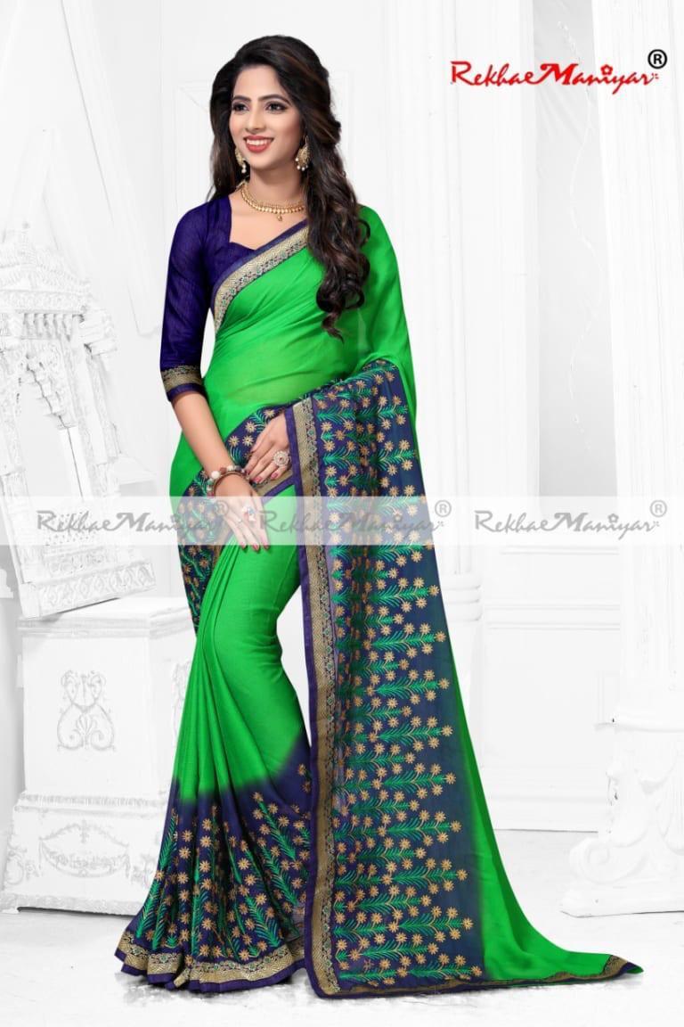 Two Tone Moss Chiffon Embroidery Panel Work Saree - Georgette, Navy Blue Shade With Banglori Blouse | Seasonal Wear For Rainy, Spring, Summer, Winter