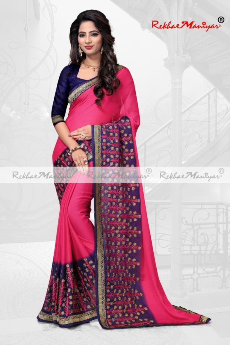 Two Tone Moss Chiffon Embroidery Panel Work Saree - Georgette, Navy Blue Shade With Banglori Blouse | Seasonal Wear For Rainy, Spring, Summer, Winter