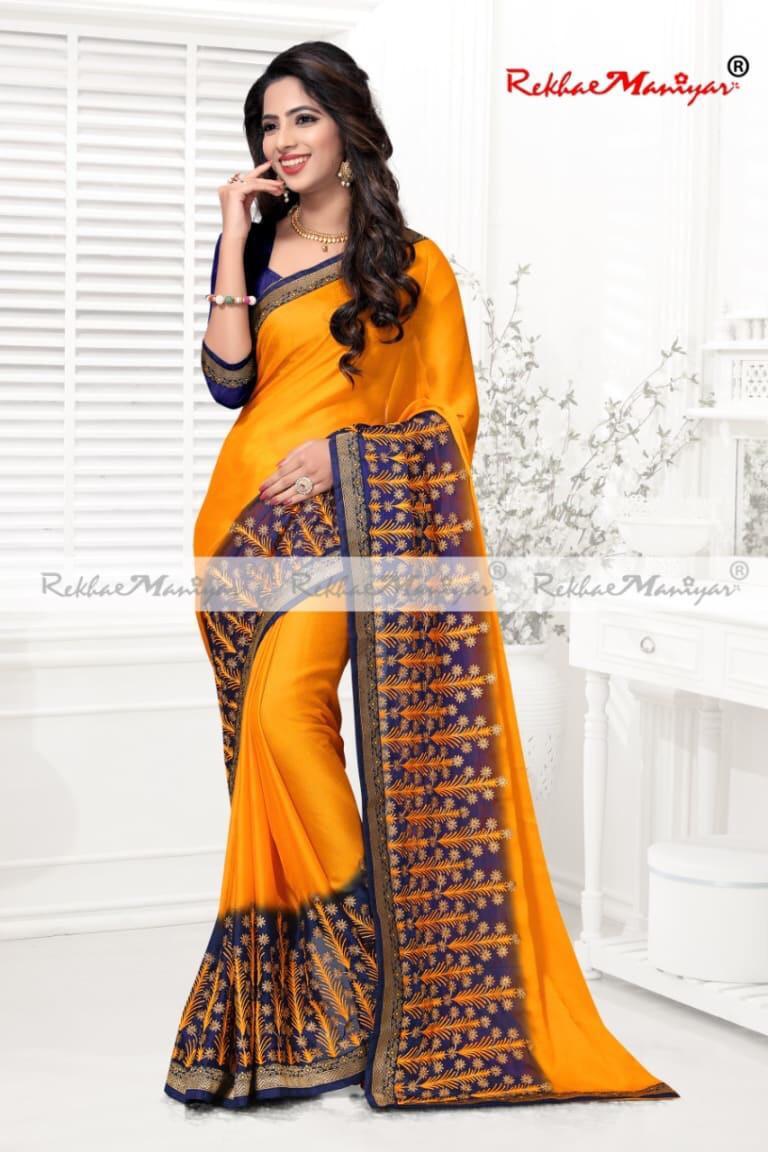Two Tone Moss Chiffon Embroidery Panel Work Saree - Georgette, Navy Blue Shade With Banglori Blouse | Seasonal Wear For Rainy, Spring, Summer, Winter