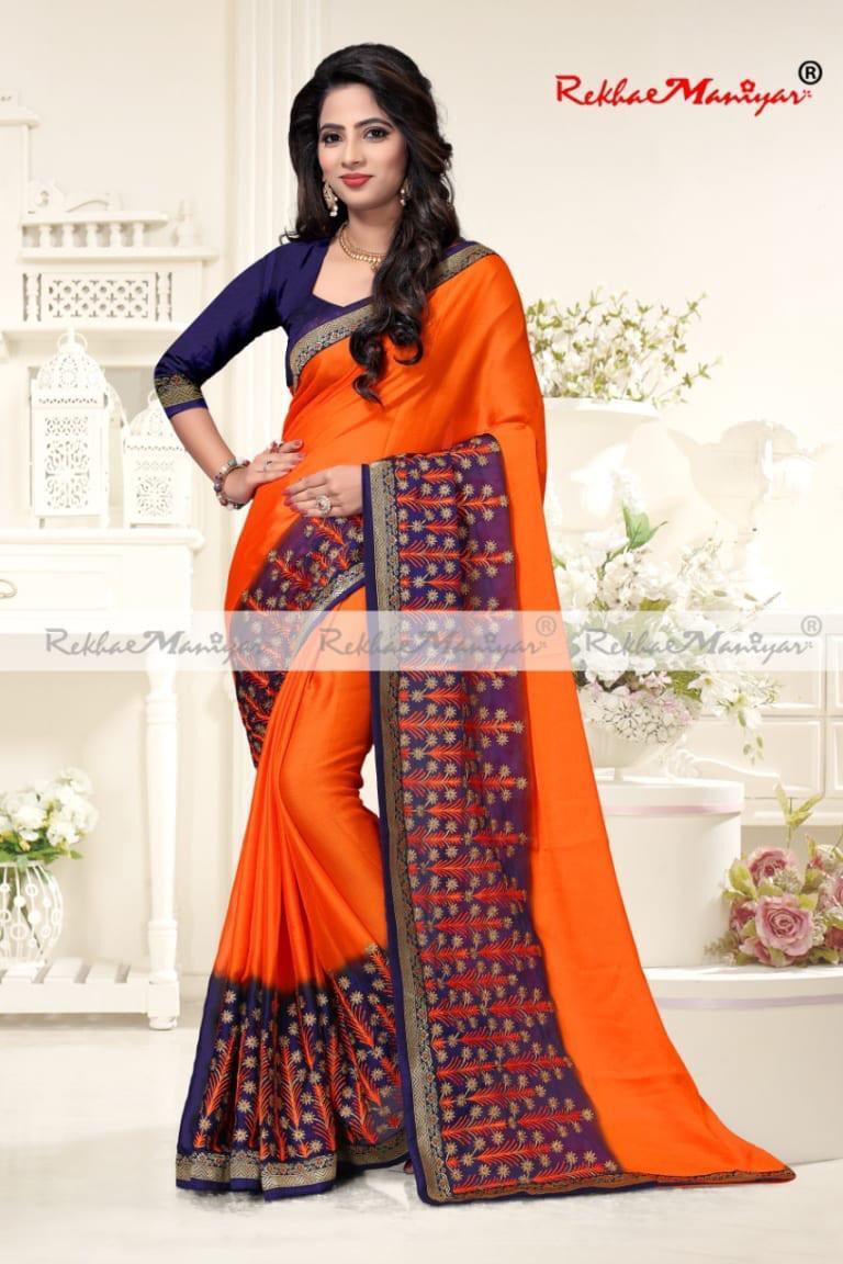 Two Tone Moss Chiffon Embroidery Panel Work Saree - Georgette, Navy Blue Shade With Banglori Blouse | Seasonal Wear For Rainy, Spring, Summer, Winter