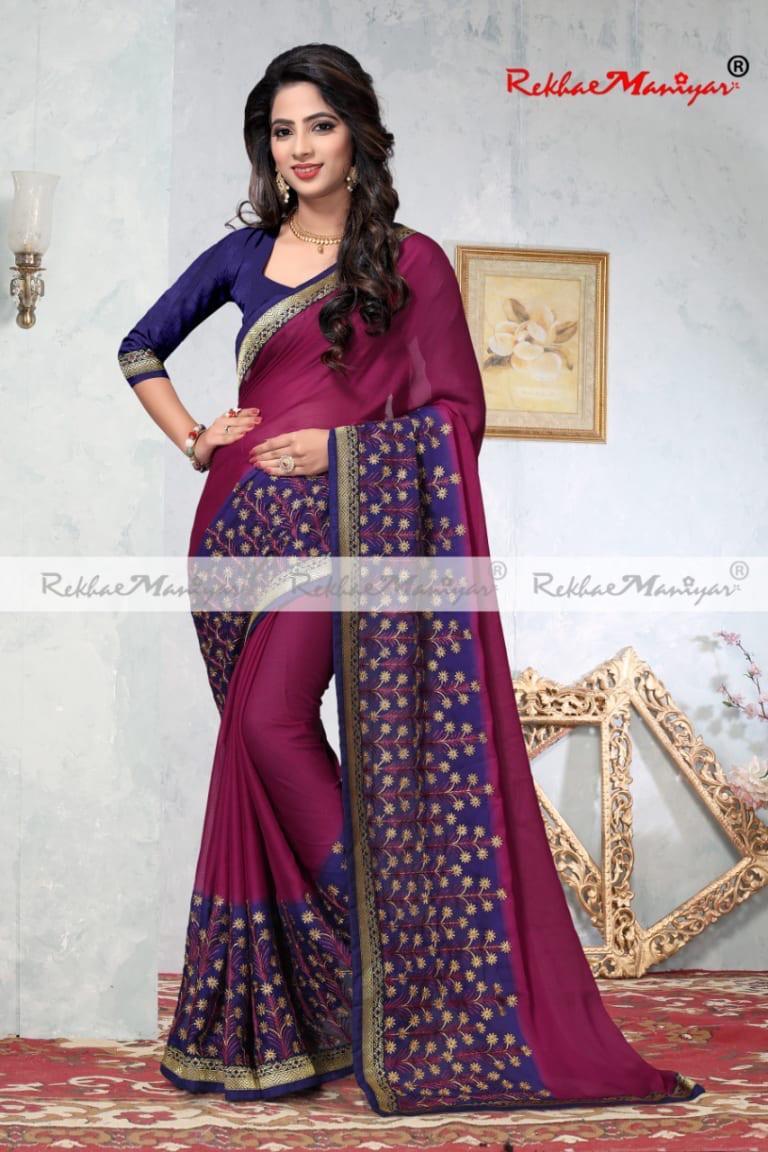 Two Tone Moss Chiffon Embroidery Panel Work Saree - Georgette, Navy Blue Shade With Banglori Blouse | Seasonal Wear For Rainy, Spring, Summer, Winter